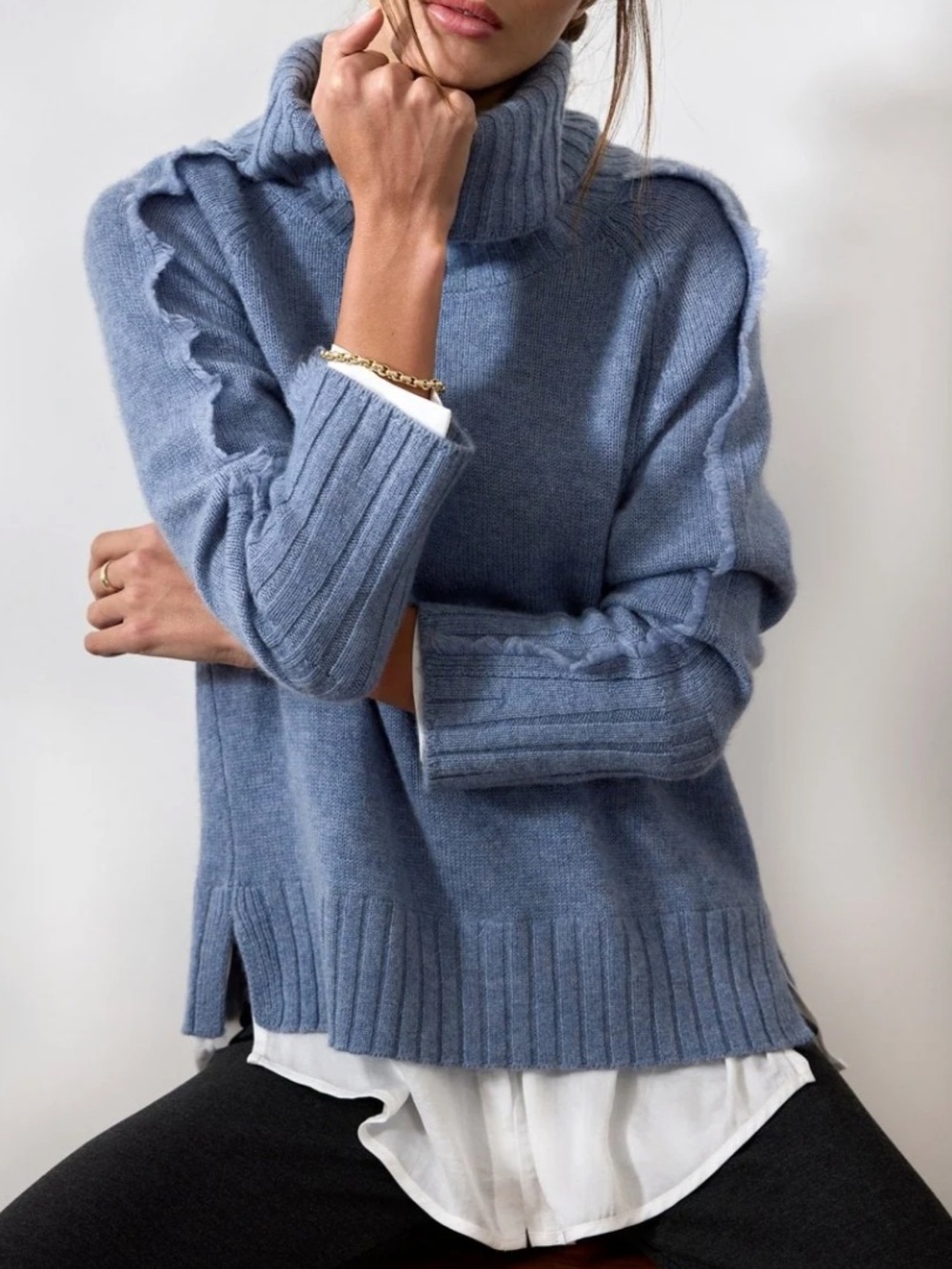 Brochu Walker Dusty Blue Fringe Turtleneck Sweater